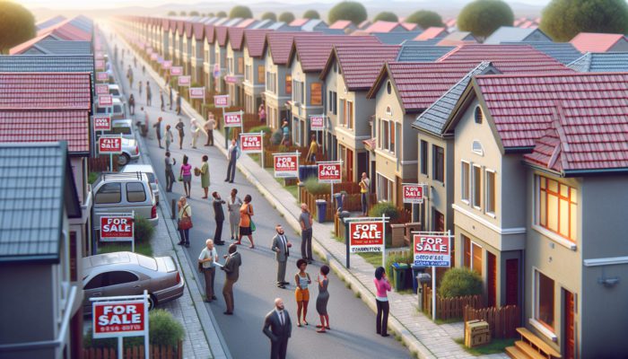A busy street in Standerton with 'For Sale' signs on affordable homes, attracting eager first-time buyers and investors.
