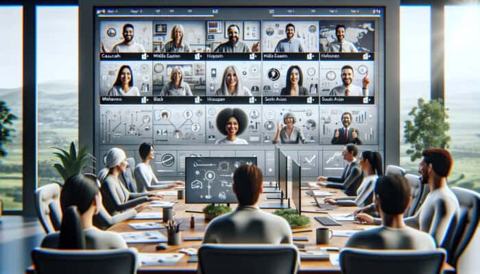 A diverse remote team in a virtual meeting, using video conferencing tools, with visible agendas and open body language.