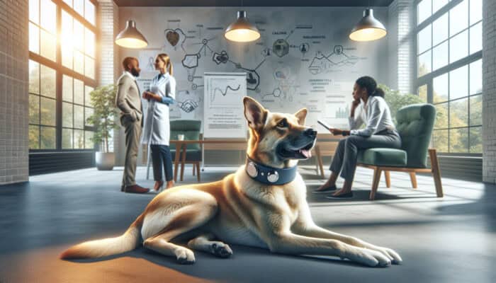 A serene dog with a calming collar in a cozy room, vet and trainer discussing in background.