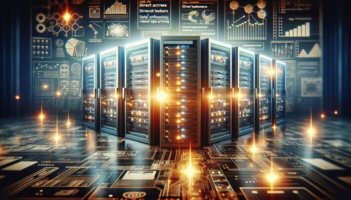 Futuristic server room with glowing bare-metal servers, symbolising enhanced performance in trading and streaming.