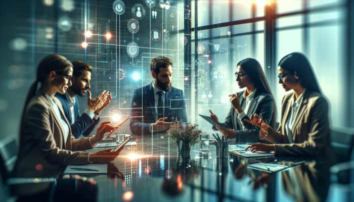 A diverse team in a modern office setting conducting a risk assessment meeting with digital tools and charts.