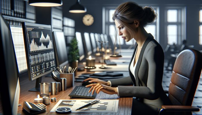 A financial advisor analyzing a client's financial data on a computer in a professional office setting.