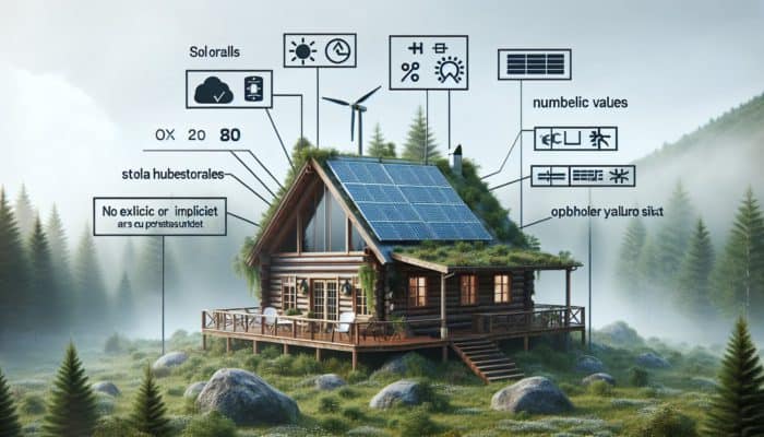 Off-Grid Power Solutions: A serene cabin with solar panels and a wind turbine in lush wilderness, symbolising off-grid living.