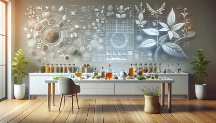 A kitchen counter filled with herbs, glass jars, and a teapot for crafting herbal remedies.