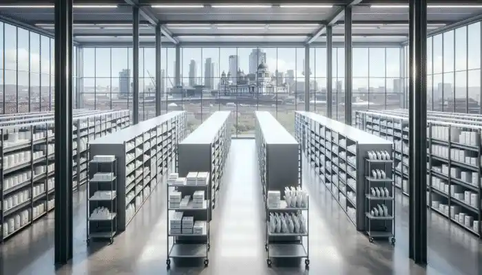 Sterile gloves neatly organized in a modern Liverpool warehouse, skyline visible.
