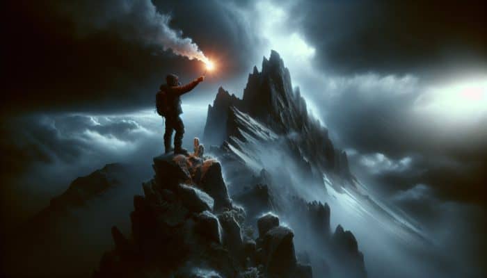 A person on a mountain using a flare at night and a whistle during the day in foggy, windy conditions.