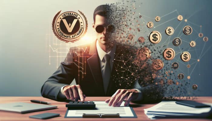 Person signing VA contract with tax icons in professional office setting.