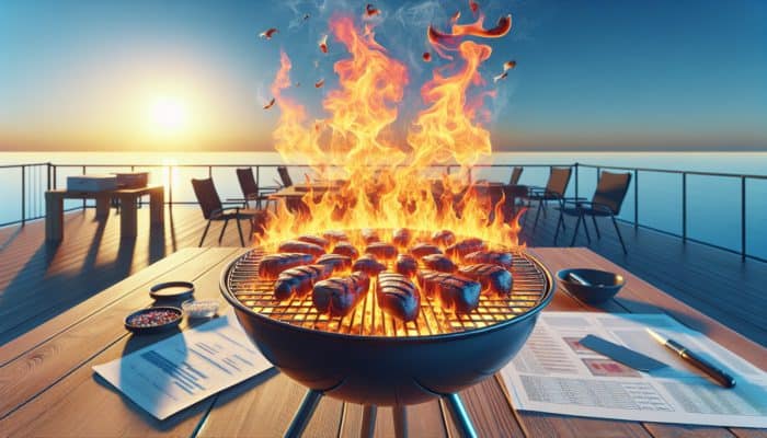 Flames erupting from fat drips on a barbecue grill, causing uneven cooking and charring.