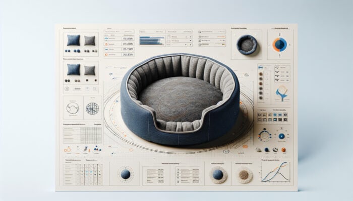 A cozy pet bed made from recycled denim and bamboo, modern, sustainable, soft, and hypoallergenic.