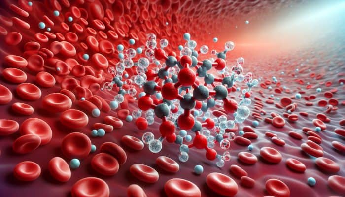 Ferritin Blood Test in Southampton: Illustration of ferritin molecules binding iron, with red blood cells and health indicators from deficiency to overload.