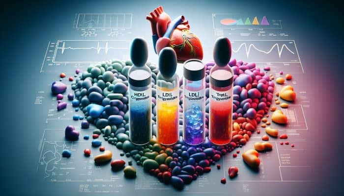 Cholesterol Blood Test in Slough: Illustration of cholesterol blood test vials labelled HDL, LDL, triglycerides, with a heart background.