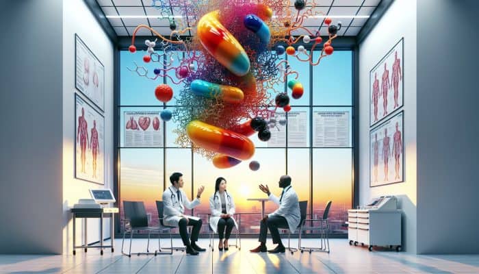 A chart of cholesterol blood test analysis in a Slough clinic, with doctors discussing results.
