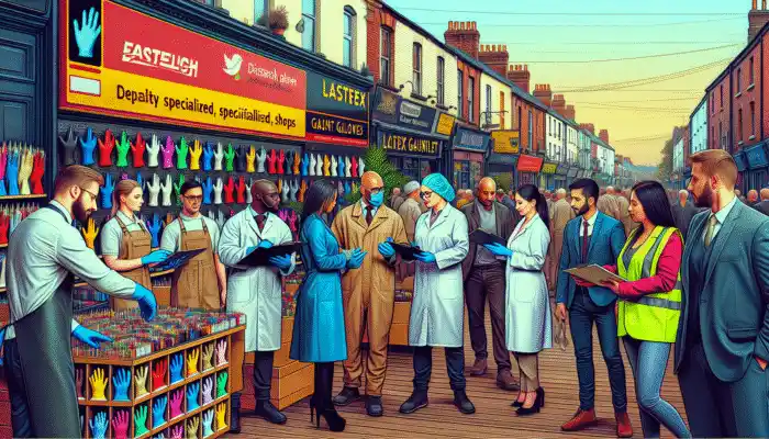 A busy Eastleigh street with shops showcasing latex gauntlet gloves and staff helping customers.