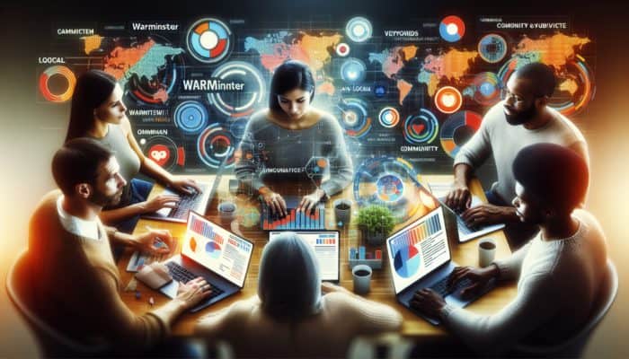 Digital marketing team in Warminster strategizing on-page SEO with local keywords and community content.