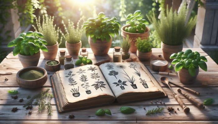 A rustic table displaying an open herb journal, potted herbs, and soft natural light.