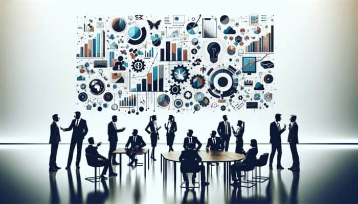 A contemporary office environment where professionals are discussing SEO strategies and analytics displayed on a large screen.