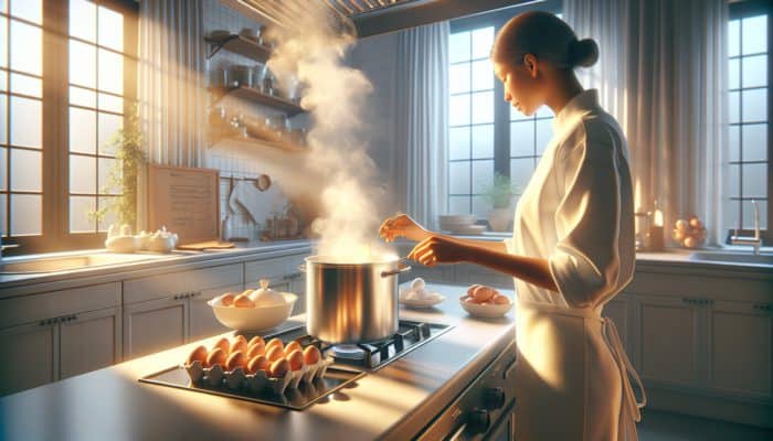 A chef carefully placing eggs into a pot of boiling water in a sunlit kitchen.