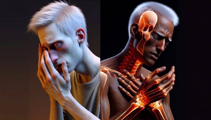 A person showing signs of low ferritin like pale skin and fatigue, contrasted with another displaying high ferritin symptoms like joint pain and bronze skin.