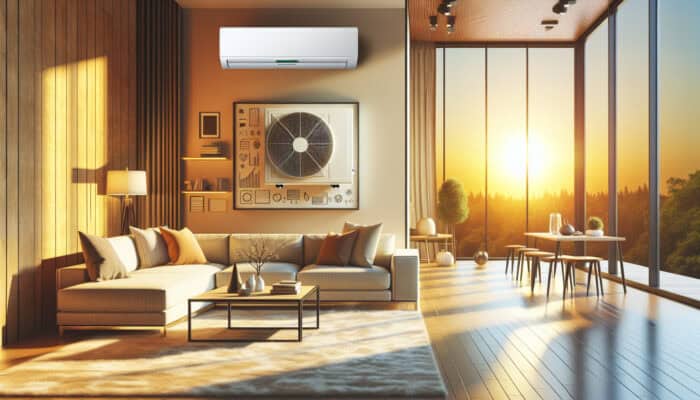 Air Conditioning Services in Maple Ridge: A modern air conditioning unit in a living room, cooling and dehumidifying, with a hot summer view outside in Maple Ridge.