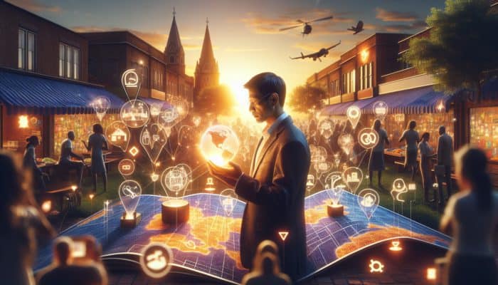 A small business owner in Taunton studying a glowing map with SEO data at a vibrant market sunrise.