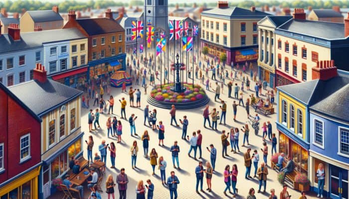 A vibrant Taunton town square with community members engaged with local SEO content on smartphones.