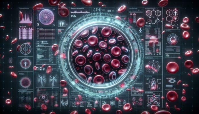 Ferritin Blood Test in Warwick: Illustration of ferritin blood test with blood cells, ferritin proteins, and diagnostic health charts.