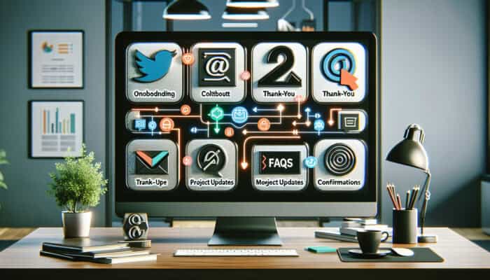 A modern office desk with a computer showing categorised email templates for efficient communication.