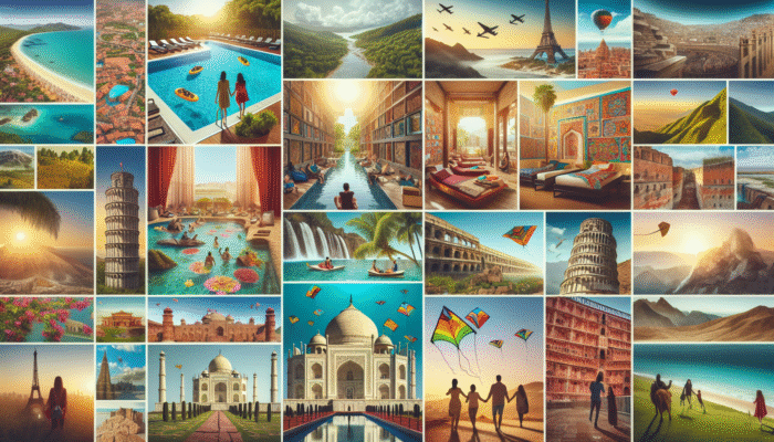A vibrant collage of various travel packages including all-inclusive resorts, adventure hikes, cultural immersion, luxury villas, group tours, family activities, and customized itineraries with global landmarks.
