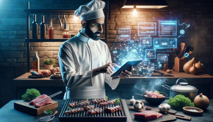 A chef utilizing AI on a tablet to create BBQ recipes in a modern kitchen equipped with grilling tools and meats.