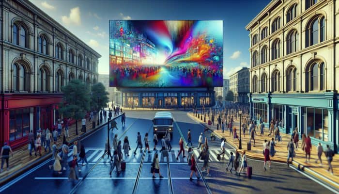 A vibrant digital billboard in Dorchester's town center showcasing a dynamic advertising campaign launch.