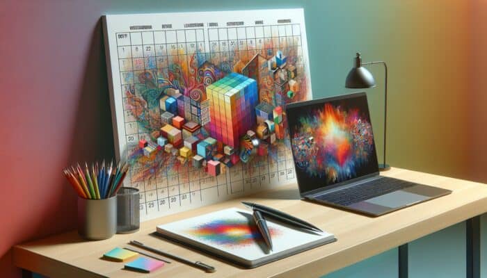 A desk with a calendar, laptop, and notepad, planning a content calendar with supplements.