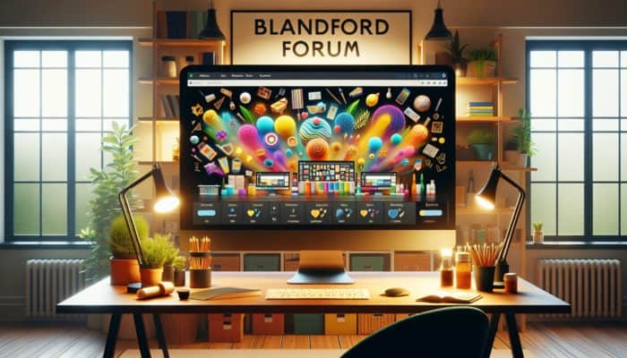 A vibrant online store interface on a computer screen in a cozy Blandford Forum office, showcasing diverse products.