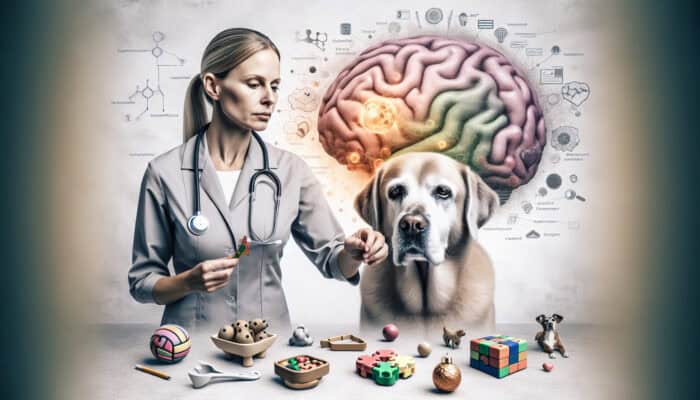 An elderly dog with cognitive toys and a vet, highlighting mental stimulation's role in slowing cognitive decline.
