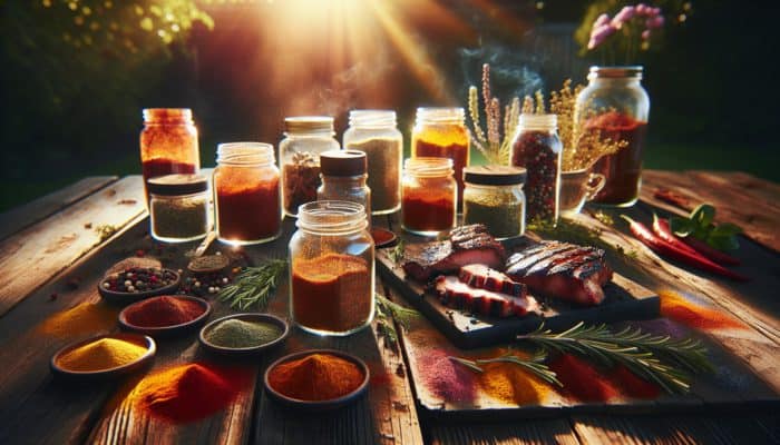 Jars of spices on a wooden table with grilled meats, in a sunny backyard BBQ setting.