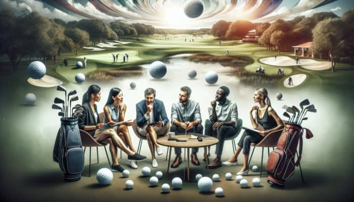 Diverse experts discussing golf social club benefits in a luxurious setting with golf equipment and scenic views.