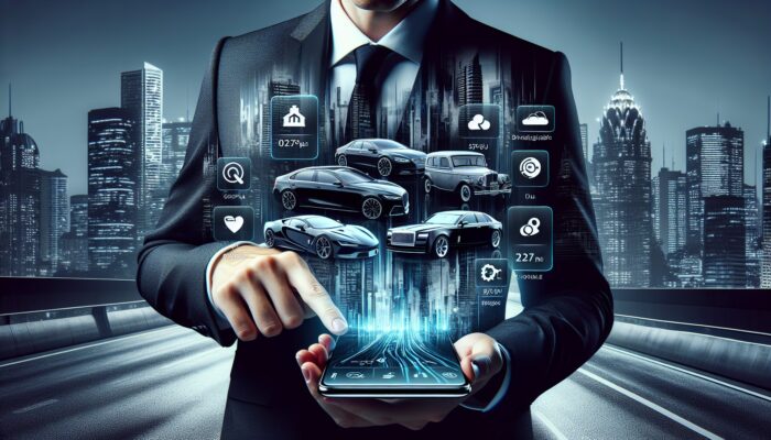 A traveler uses a smartphone app to compare luxury car rental prices, displaying sports cars and sedans against a city backdrop.