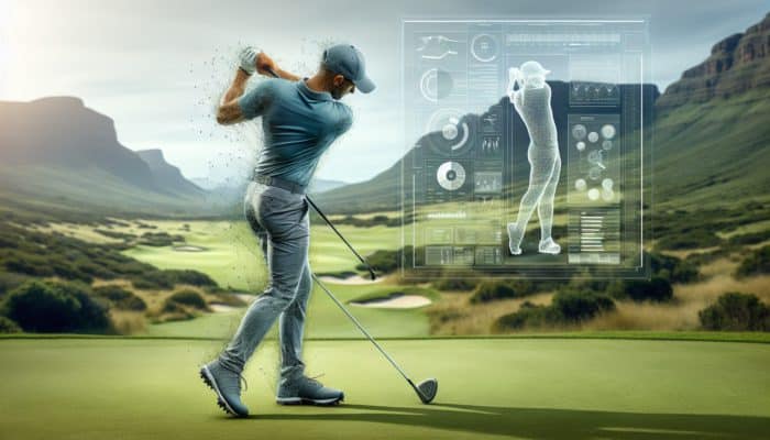Golfer on South African fairway, stable stance, firm grip, relaxed upper body, smooth swing transition, practicing powerful drive.
