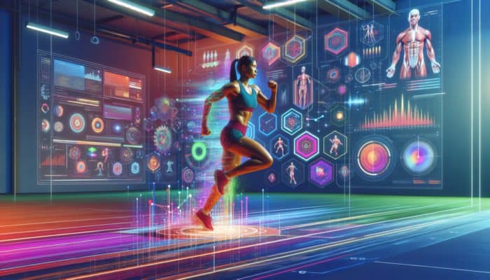 Athlete in vibrant gym, showcasing intense workout with enhanced endurance and strength from beta-alanine.