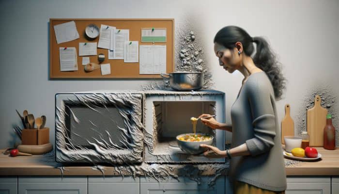 A person reheating food from the fridge in a microwave, resulting in unevenly heated and dry meal.