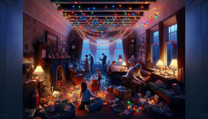 Warmly lit UK home at dusk, as a family packs holiday decorations with festive lights glowing.
