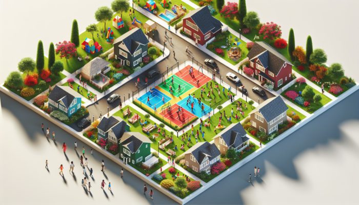 Aerial view of a lively Springs neighbourhood featuring family homes, gardens, children playing, and community parks.