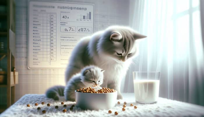 A kitten eating a gruel-like mixture from a bowl, with a mother cat watching nearby in a cozy room.