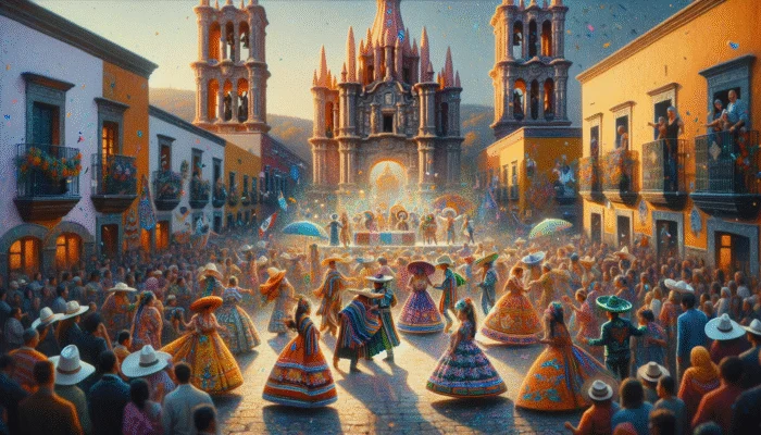 A vibrant festival in San Miguel de Allende with traditional Mexican costumes, music, and international artists amidst colonial architecture.