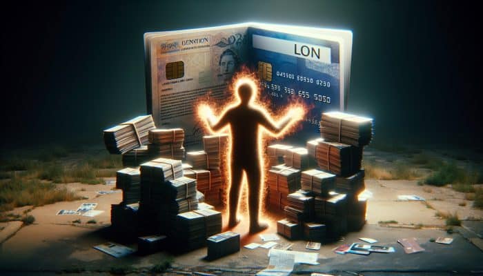 Debt Consolidation Loan Comparison Websites: UK's Top Picks | DCL Individual in the UK organising various bills and credit cards into a single glowing loan document, representing financial relief.