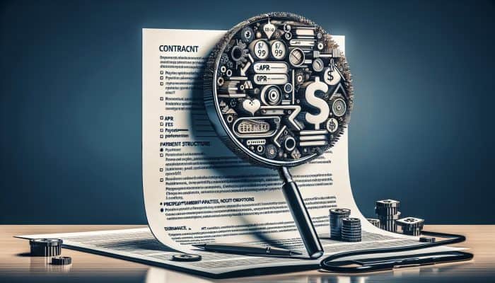 Debt Consolidation Loan Comparison Websites: UK's Top Picks | DCL Detailed loan contract on a desk, highlighting terms like APR and fees, viewed through a magnifying glass.