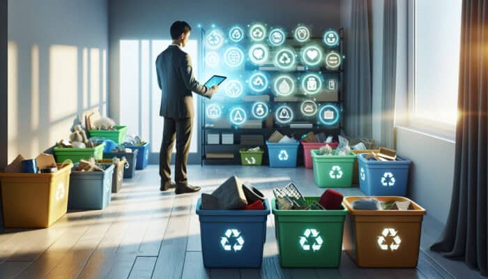 Individual sorting items into bins for recycling, reusing, and donating, utilizing a tablet with sustainability tips and local group contacts.