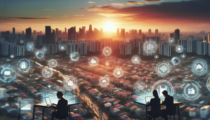 Aerial view of Delmas cityscape at sunset with mid-level properties and real estate market analysis.