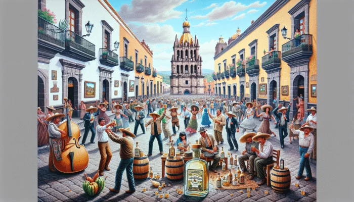 Festival in San Miguel de Allende with tequila tasting, live music, and artisans crafting tequila-inspired art.