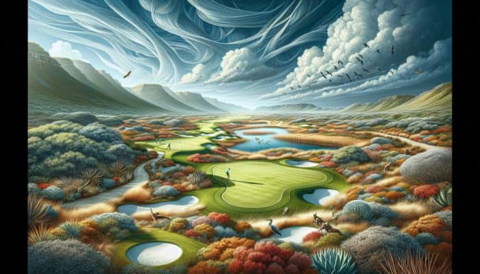 Strategies for Playing Par-4 Holes: A South African par-4 golf hole featuring diverse terrain, fynbos, water hazards, and wildlife.