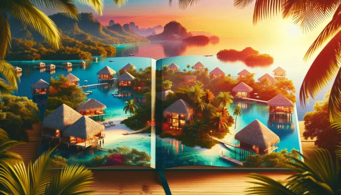 Cover of a guidebook showcasing Belize's top resorts with jungle, beaches, and overwater bungalows at sunset.